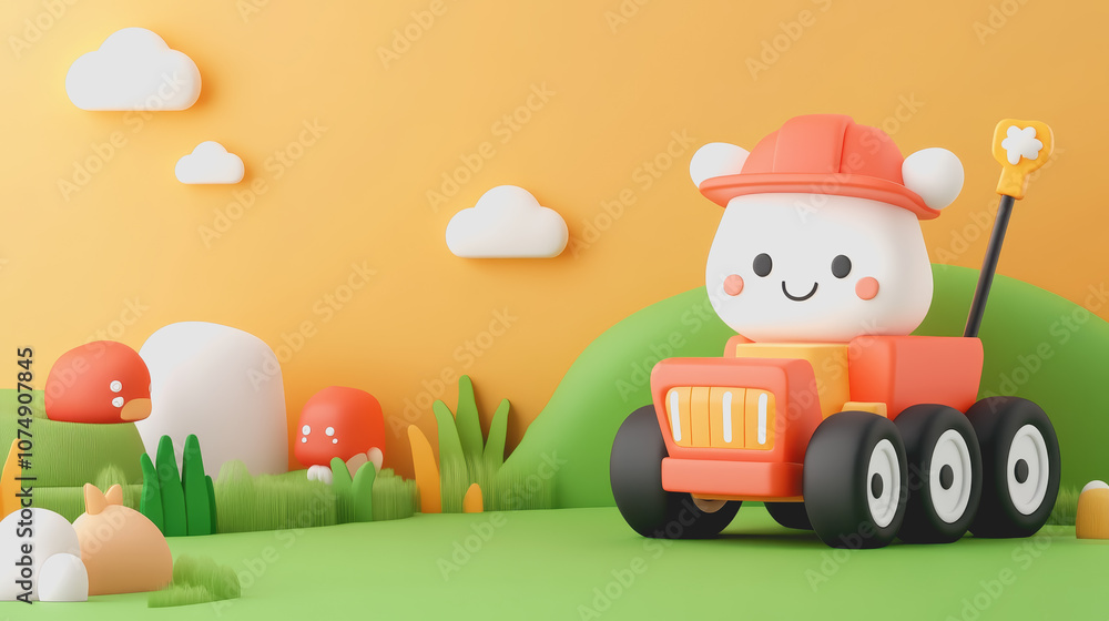 Poster charming cartoon farm scene featuring a cute character on a colorful tractor surrounded by soft clou