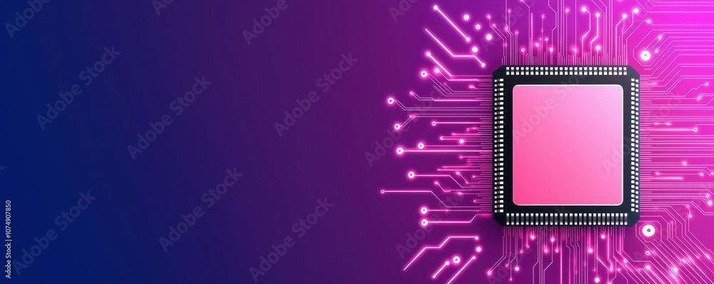Poster a vibrant digital background featuring a microchip surrounded by intricate electronic circuits in a 