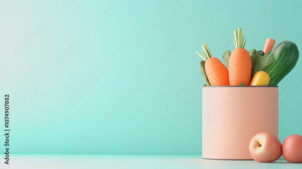Poster vibrant fresh farm vegetables and apples in a modern container on a smooth gradient background for h