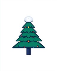 Fototapeta premium Colorful Cartoon Christmas Tree with Ornaments and a Snowy Top on a White Background for Holiday and Festive Decorations