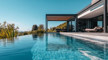 A luxurious modern house with a sleek outdoor pergola next to a crystal-clear pool, surrounded by minimalistic landscaping, and set against a clear blue sky
