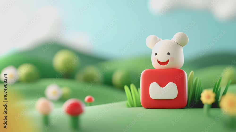 Poster cute bear character on smooth gradient background in a vibrant farm setting with colorful flowers an