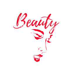 beauty writing with brush stroke texture, with a red silhouette of a woman's face