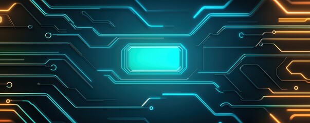 Abstract digital circuit board with glowing lines and patterns in blue and orange tones, representing modern technology.