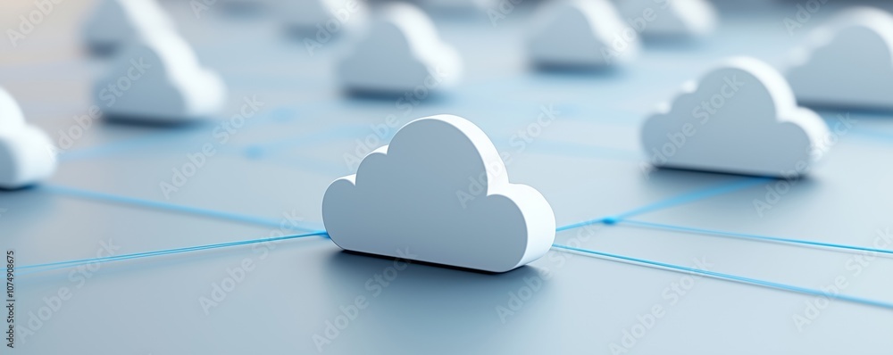 Poster abstract representation of cloud computing with white clouds connected through a network, symbolizin
