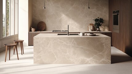 Modern Kitchen Interior with Beige Marble Countertops and Wooden Accents