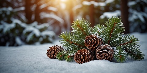 Merry Christmas and Happy New Year greeting card. Snow-covered pine cones and evergreen branches, creating a serene winter scene in a forest. AI generated.