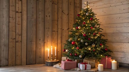 Weihnachtlich geschmückter Baum mit Lichterkette und Geschenken vor Holzverkleidung