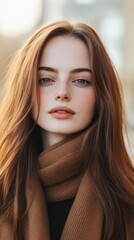 Naklejka premium A young woman with long brown hair wearing a warm scarf enjoys a sunny afternoon in an urban park during autumn