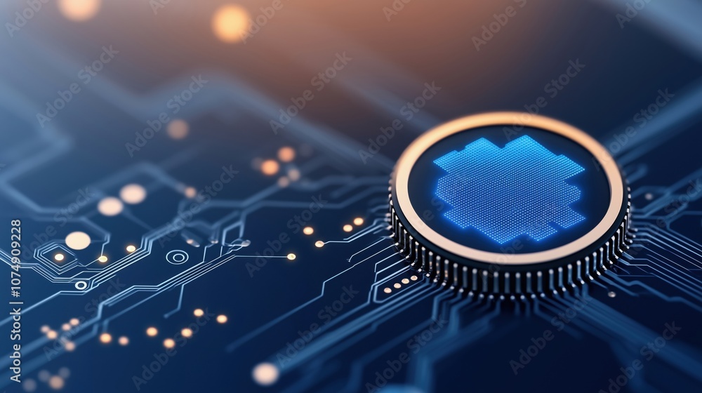 Poster close-up of a microchip on a circuit board, showcasing intricate details and modern design, symboliz