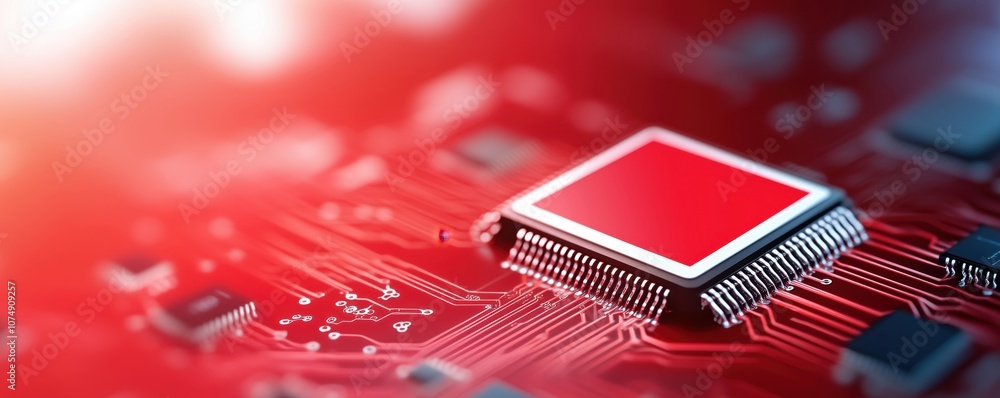 Poster close-up of a modern microchip on a red circuit board, showcasing intricate details and advanced tec