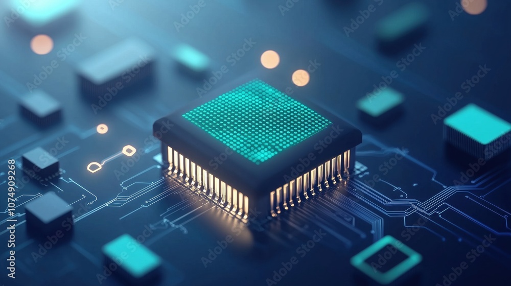 Poster close-up of a modern microchip on a circuit board, showcasing intricate details in technology and in