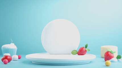 Fresh and Colorful Food Presentation on Smooth Gradient Background: Cupcake, Strawberries, and Spheres for Vibrant Table Setting