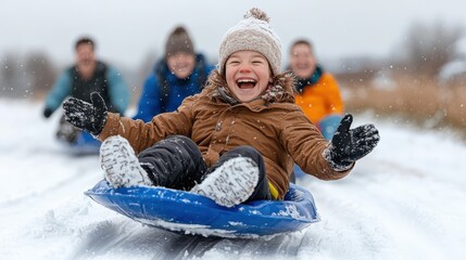 Obraz premium A joyful child slides down a snowy hill on a sled, surrounded by friends enjoying a fun winter day.