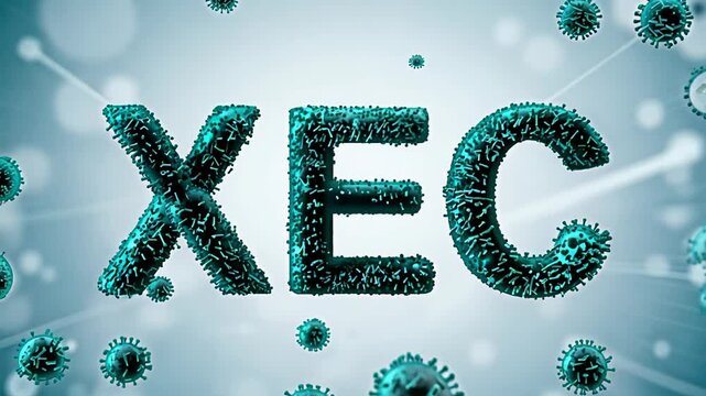 3D representation of the letters "XEC" formed from virus-like particles, with a digital, futuristic background