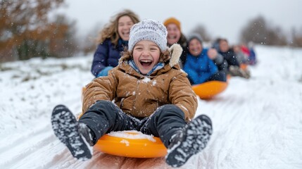 A joyful group of children sledding down a snowy hill, celebrating winter with laughter and vibrant colors in a picturesque landscape.