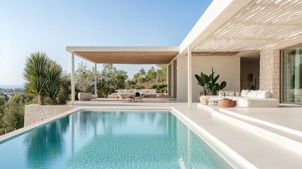 Modern villa with a pergola by the pool, offering a chic seating area with vibrant plants and minimalist decor under clear skies