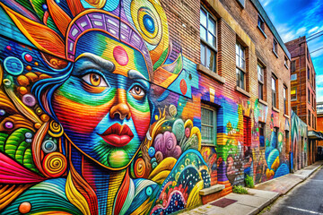 Fototapeta premium Colorful street art on a brick wall in an urban setting.