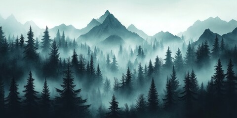 Fototapeta premium Mysterious misty forest aerial view with foggy mountains and green pine trees in a natural landscape scenery nature vegetation.