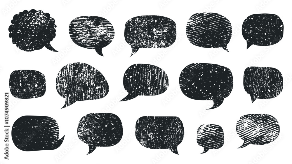 Poster speech bubbles hand-drawn linocut grunge texture vector set on white background with distressed desi