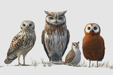 Stunning of Four Unique Owl Species Isolated on White Background with Detailed Fur and Feather Textures, Perfect for Nature-Themed Projects and Designs