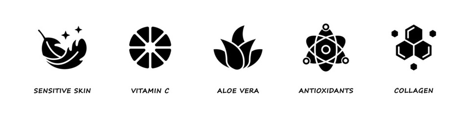 Sensitive Skin, Collagen, Aloe Vera, Vitamin C, Antioxidants. Cosmetics and skin care line label set. Organic cosmetic elements set. Vector