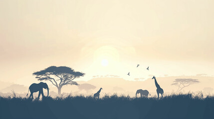 A serene silhouette of elephants and giraffes against a hazy sunrise in the African savanna during early morning hours