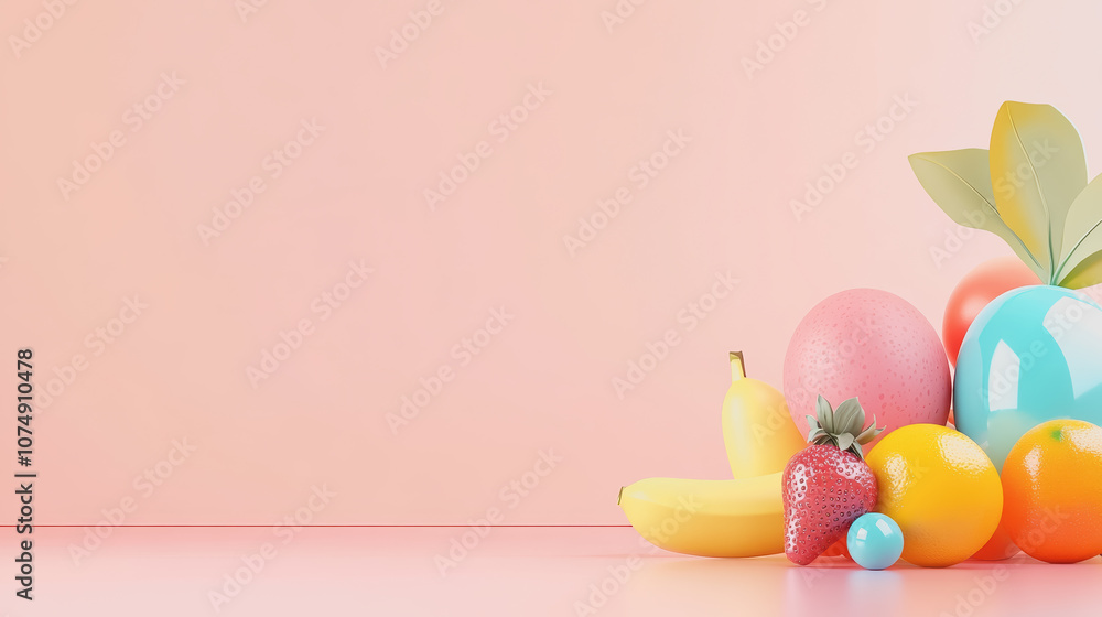 Poster vibrant representation of fresh fruits and colorful eggs placed on a smooth gradient background for 