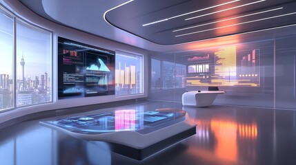 Futuristic Smart City Office Interior with Holographic Display and Intelligent Analytics