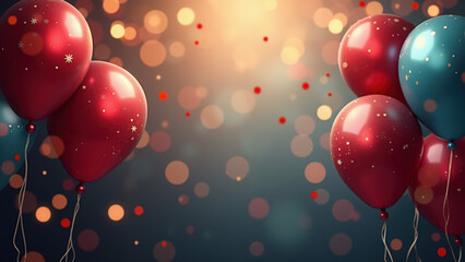 Holiday party background with red balloons, confetti and bokeh lights.