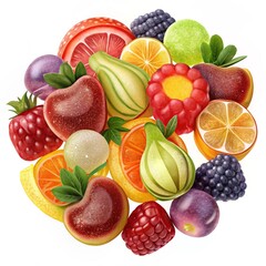 Flat-lay Jelly candy fruits isolated on a white background.