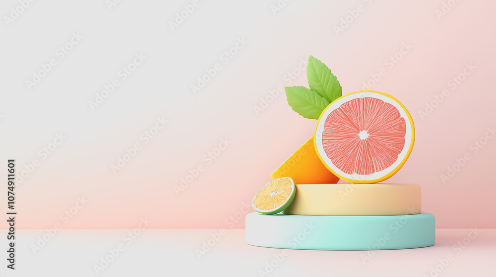 Poster artistic representation of colorful fruit slices stacked on gradient background with fresh green lea