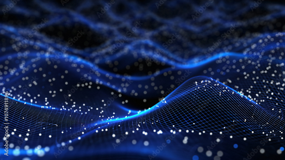 Poster a digital representation of flowing blue waves intertwined with sparkling particles, creating a mesm