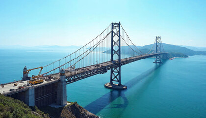 Fototapeta premium Aerial view of a suspension bridge under construction, highlighting its scale, engineering, and workers amidst the sea.