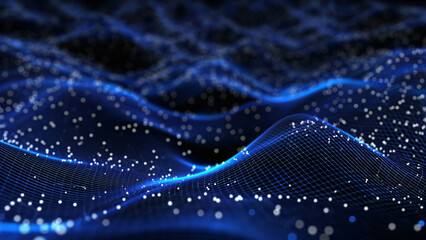 A digital representation of flowing blue waves intertwined with sparkling particles, creating a mesmerizing effect suitable for technology and digital art contexts.