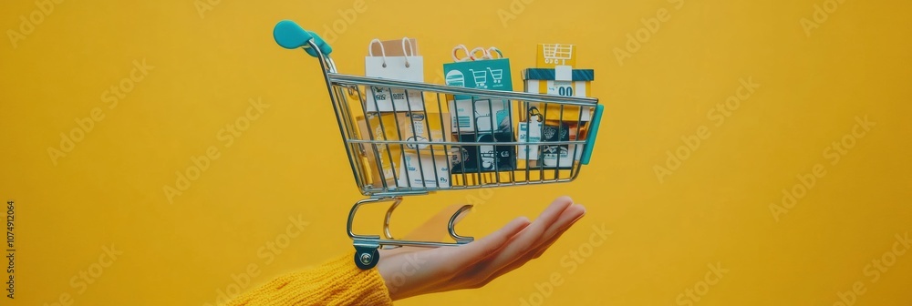 Poster a vibrant hand displays an artistic shopping cart loaded with decorative packages, creating a cheerf
