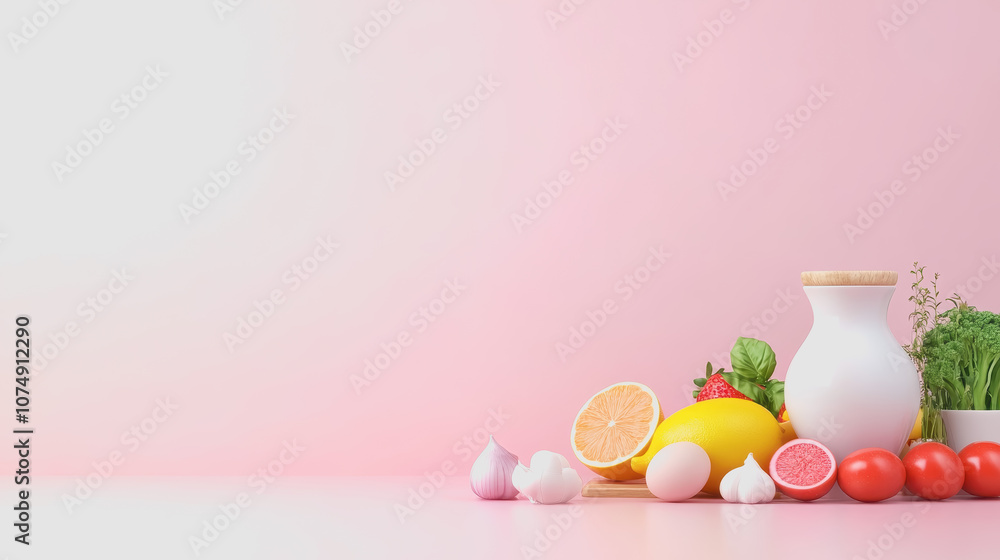 Poster fresh ingredients displayed on a smooth gradient background with a focus on culinary creativity and 