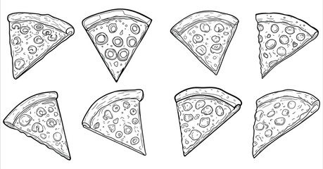 Pizza slice coloring page for children vector. Pizza slice coloring page for kids. Creative pizza slice coloring page for kids, Set of pizza slice coloring page for children