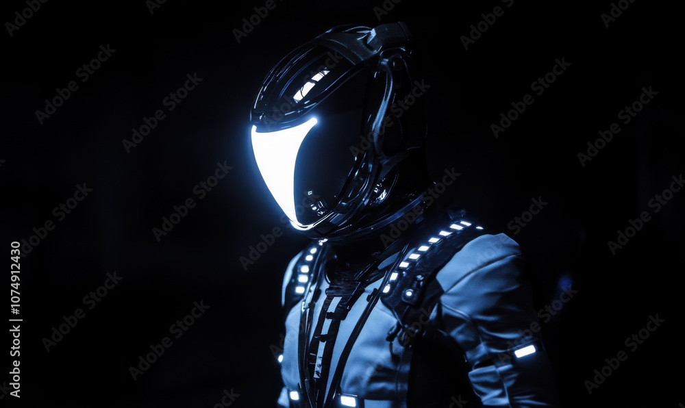 Poster a black background with an illuminated spacesuit, showing off the futuristic design of his helmet an