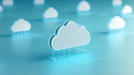 Futuristic cloud computing concept with abstract blue clouds in a digital environment, representing technology and connectivity.