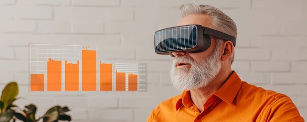 A senior man wearing VR goggles, engaged in a virtual experience, with a bar graph displayed nearby, symbolizing technology and data analysis.