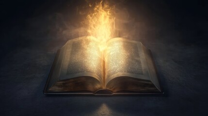 Magical open book on fire, ignite your imagination with knowledge and fantasy open