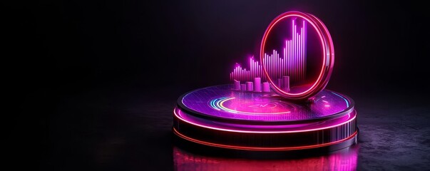 A vibrant, futuristic display featuring glowing graphs and circular elements, creating a dynamic atmosphere of data visualization and technology.