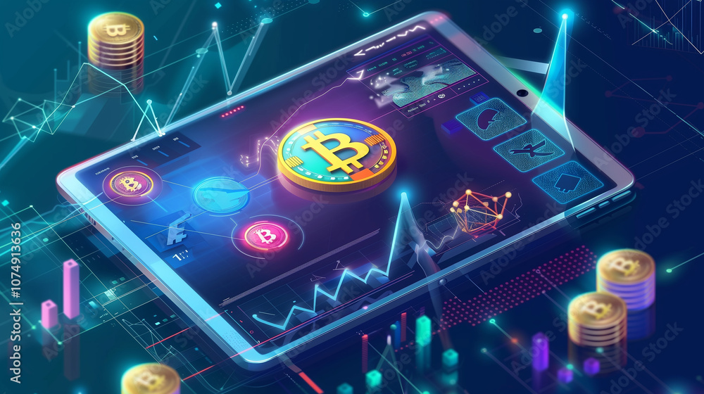 Poster augmented reality interface showing a live transaction feed with digital currencies, transaction sta