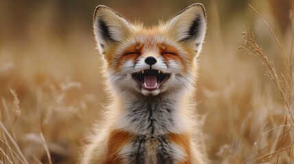Naklejka premium A cheerful fox with closed eyes sits amidst golden grass, appearing to smile contentedly, capturing a moment of joy in the natural environment