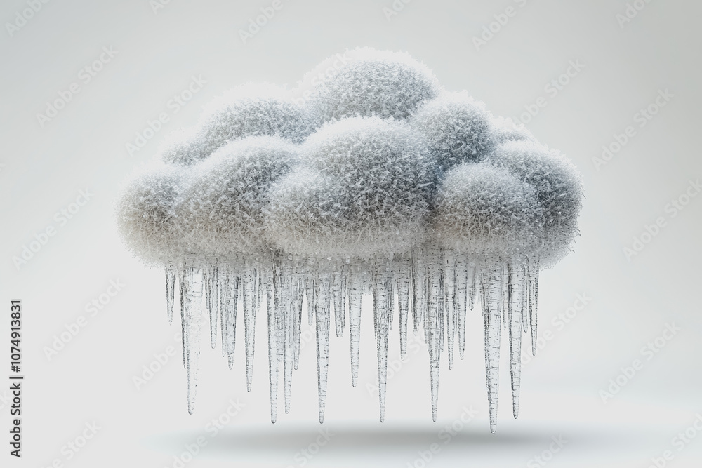 Poster frosted cloud icon with icicles in 3d rendering, ideal for weather-related projects and illustration