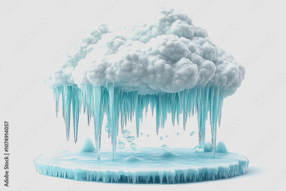 Poster frosted cloud with icicles over water surface in design illustrating winter weather icon and atmosph