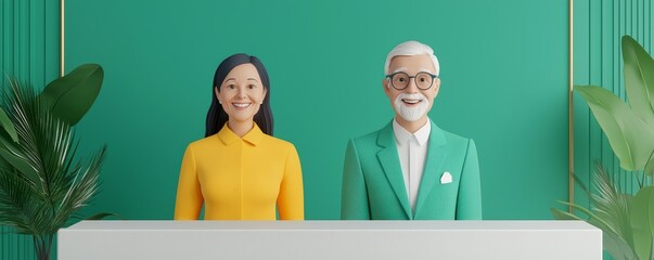 A cheerful duo stands behind a counter, featuring a woman in a yellow shirt and a man in a green patterned suit against a vibrant green background with plants.