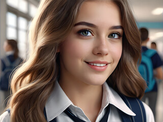 Portrait of beautiful young woman with long hair in school uniform indoors