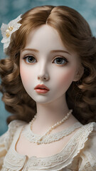 Fototapeta premium Close up of a beautiful female doll wearing white lace dress with pearls